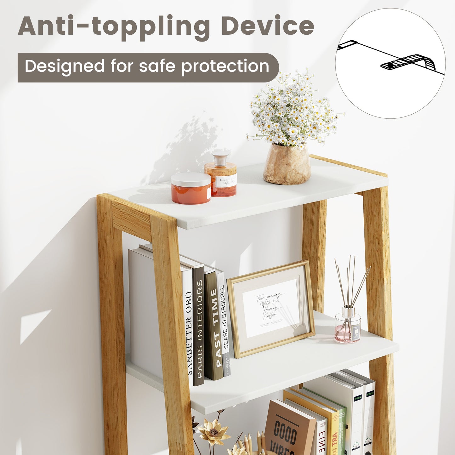4-Tier Ladder Bookshelf Storage Display with 2 Drawers-White Kids Crystal