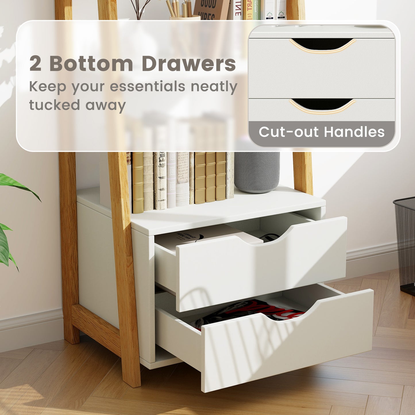 4-Tier Ladder Bookshelf Storage Display with 2 Drawers-White Kids Crystal