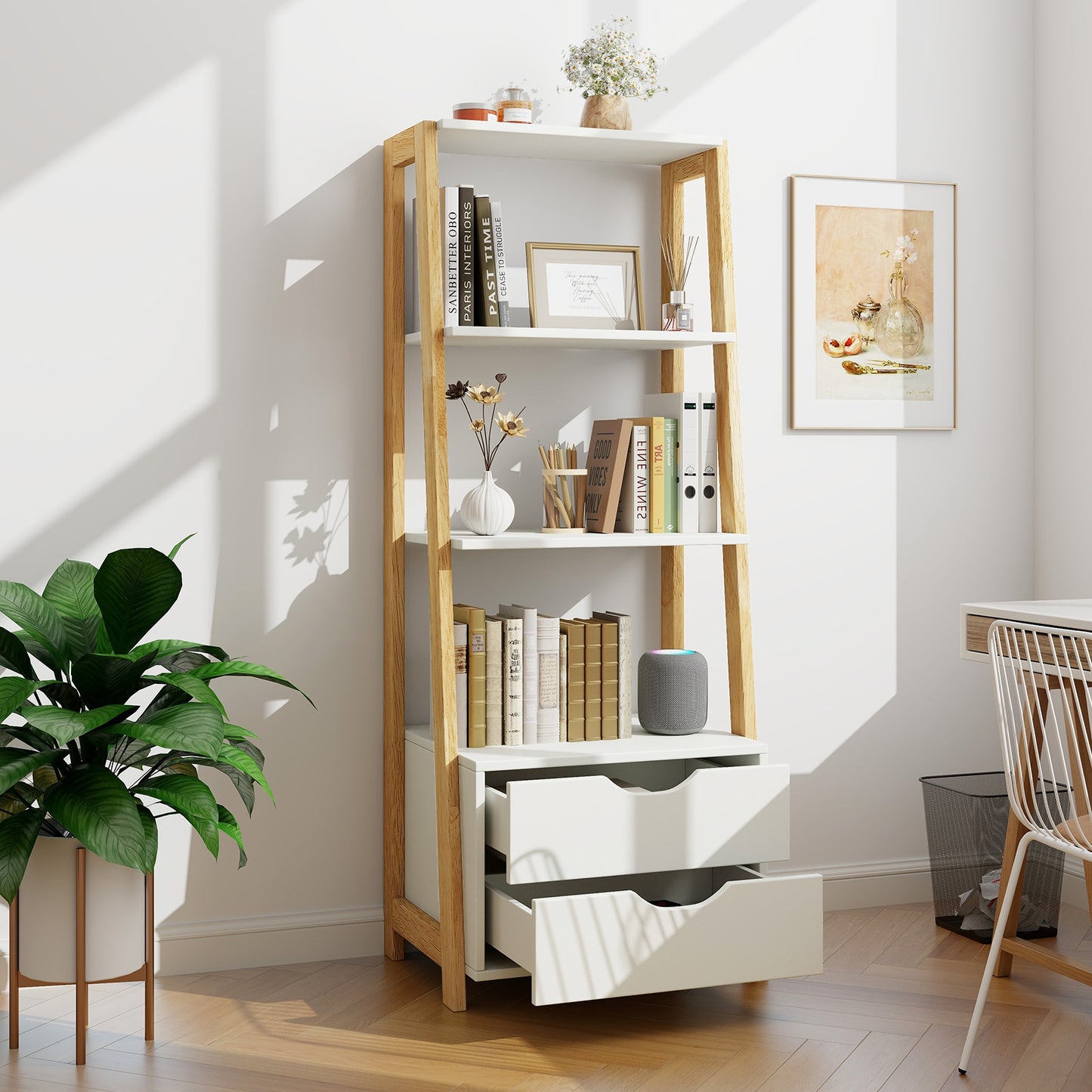 4-Tier Ladder Bookshelf Storage Display with 2 Drawers-White Kids Crystal