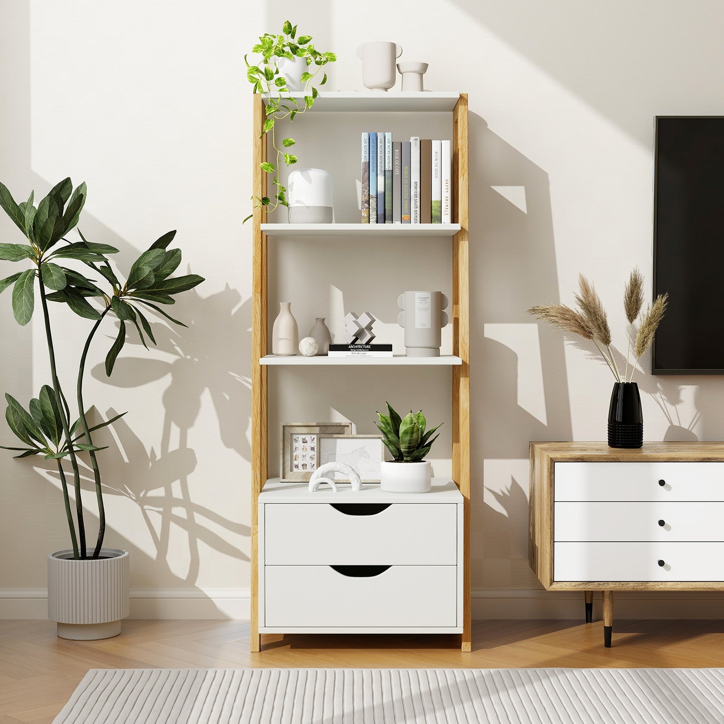 4-Tier Ladder Bookshelf Storage Display with 2 Drawers-White Kids Crystal