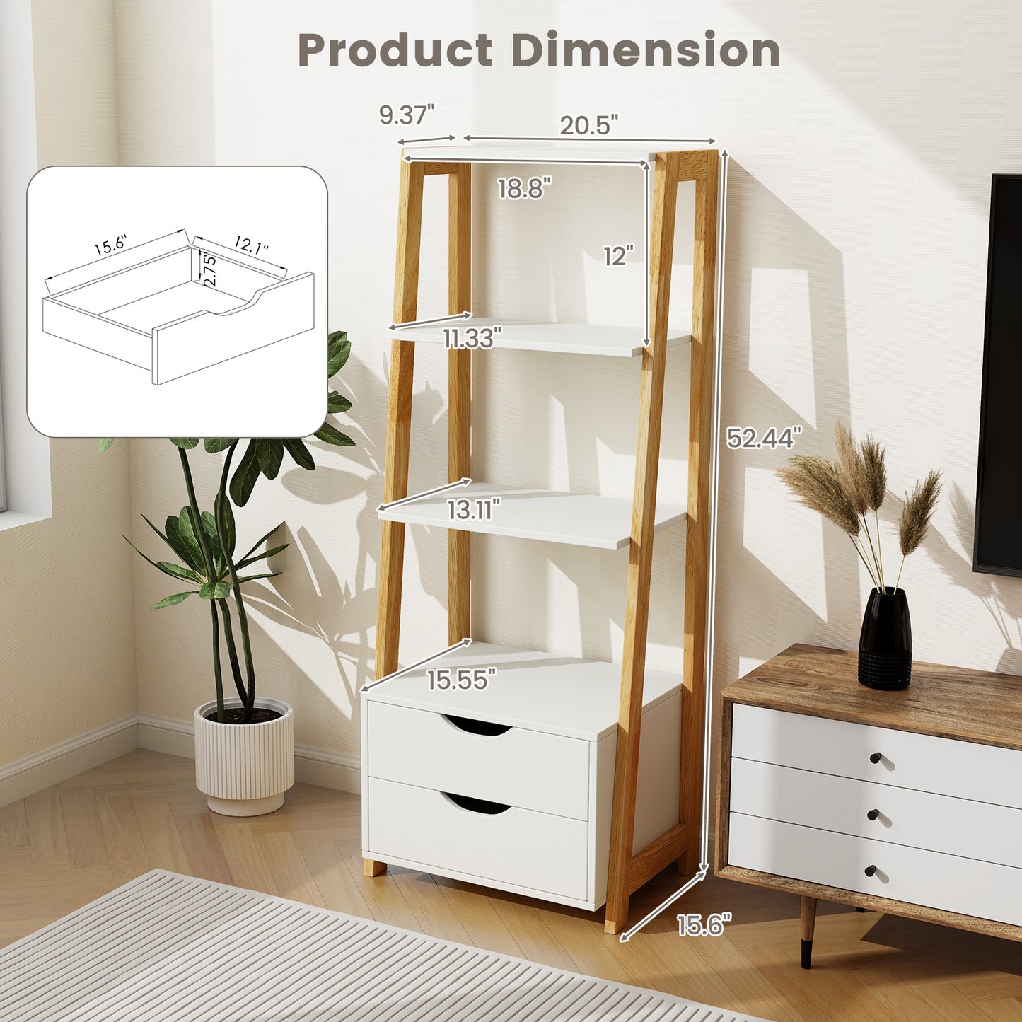 4-Tier Ladder Bookshelf Storage Display with 2 Drawers-White Kids Crystal