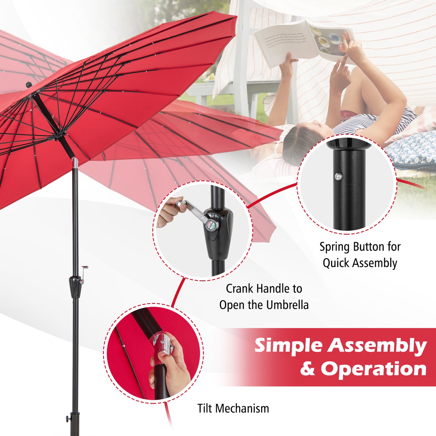 9 Feet Round Patio Umbrella with 18 Fiberglass Ribs-Wine Kids Crystal