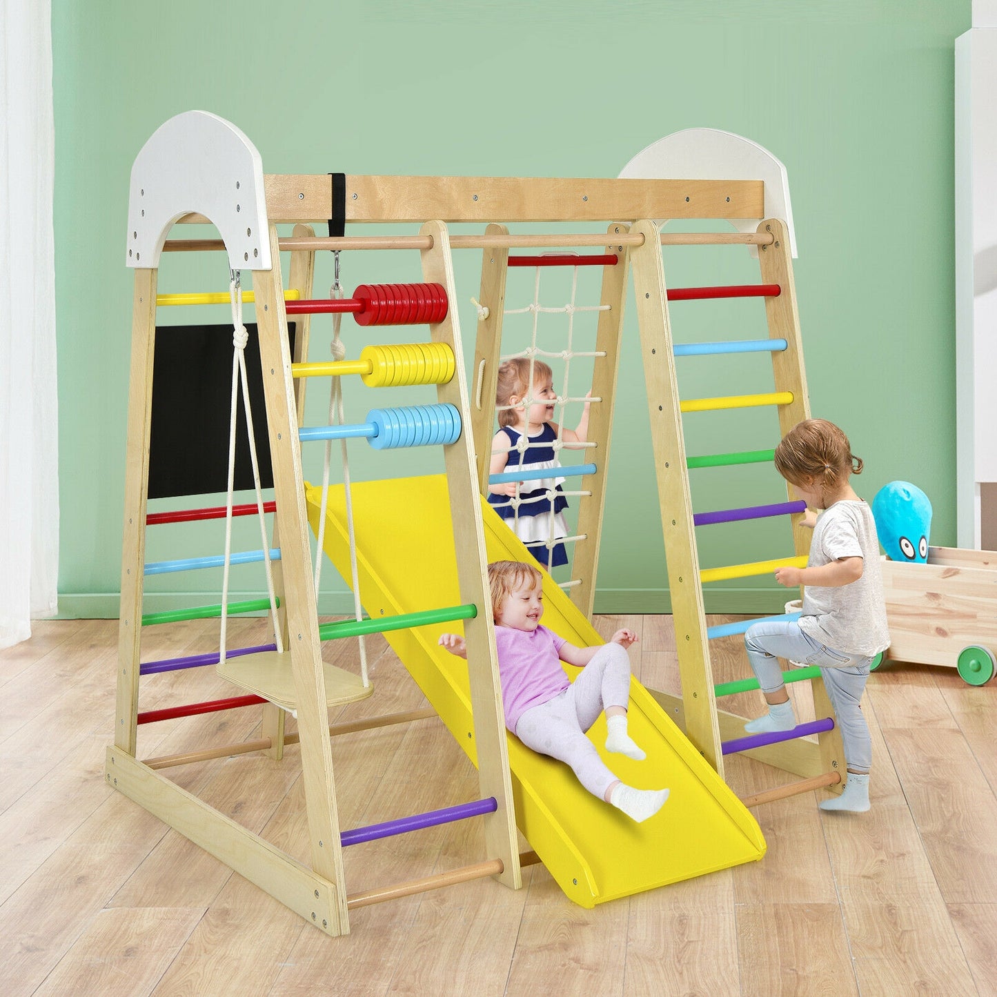 Indoor Playground Climbing Gym Wooden 8-in-1 Climber Playset for Children-Multicolor Kids Crystal