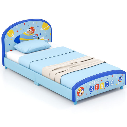Wood Upholstered Twin Bed Platform with Slat Support-Blue Kids Crystal