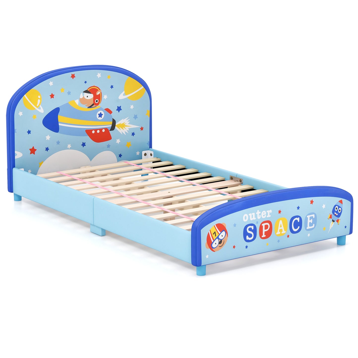 Wood Upholstered Twin Bed Platform with Slat Support-Blue Kids Crystal