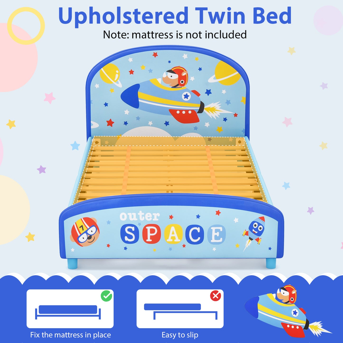 Wood Upholstered Twin Bed Platform with Slat Support-Blue Kids Crystal