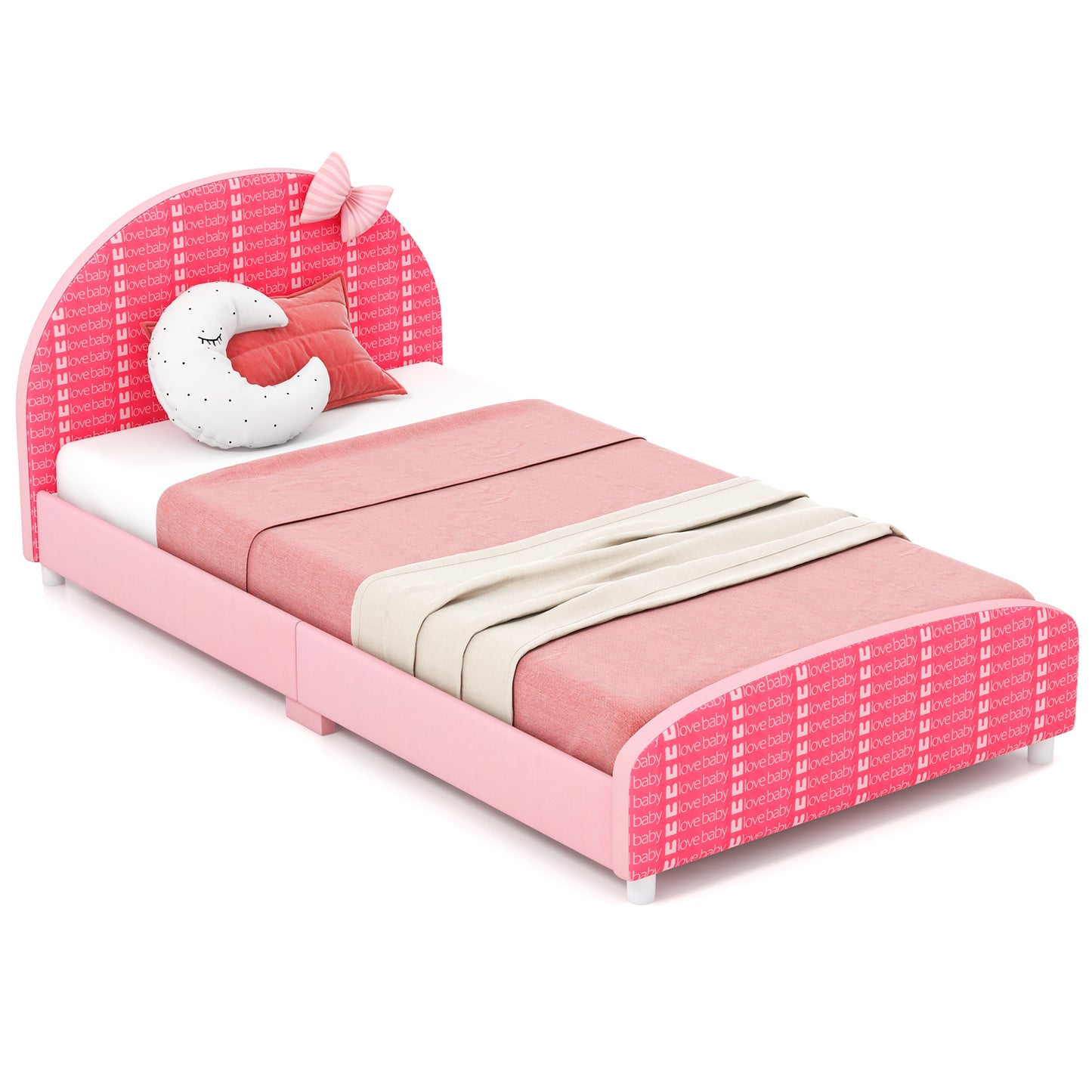 Wood Upholstered Twin Bed Platform with Slat Support-Pink Kids Crystal