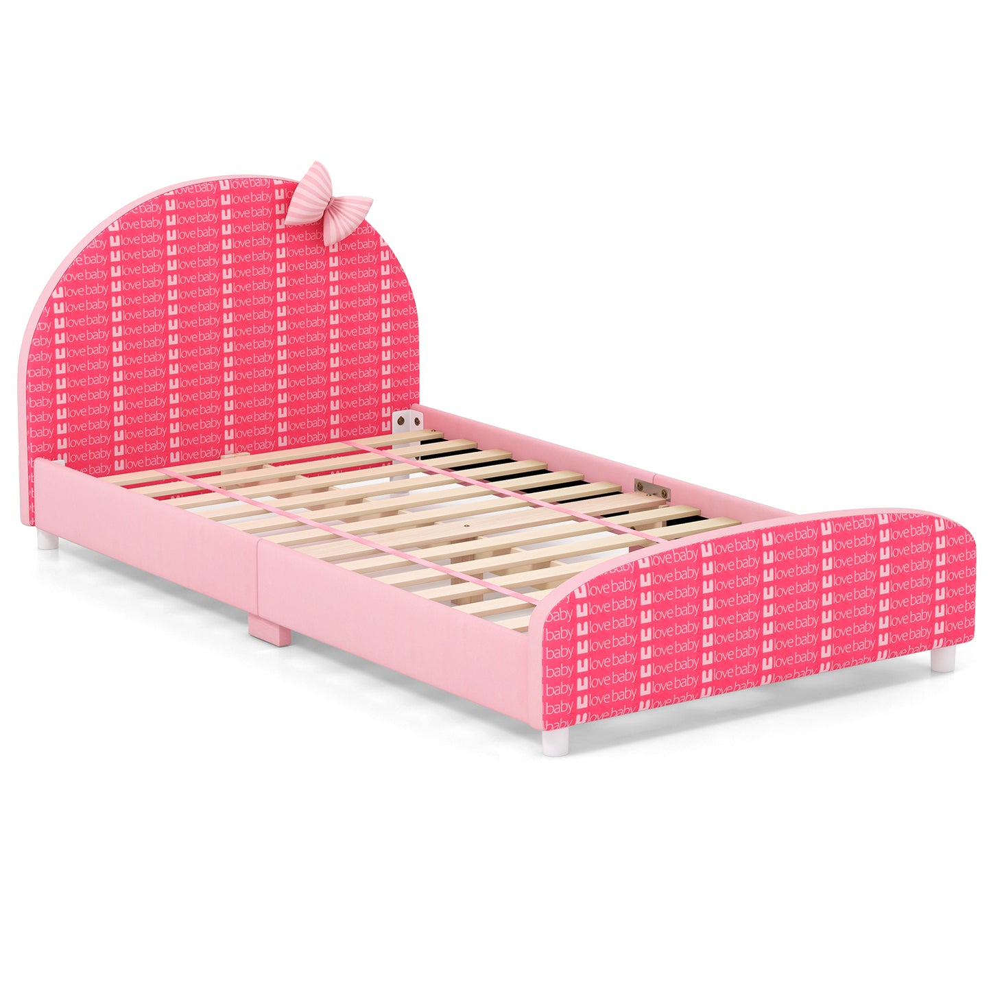Wood Upholstered Twin Bed Platform with Slat Support-Pink Kids Crystal