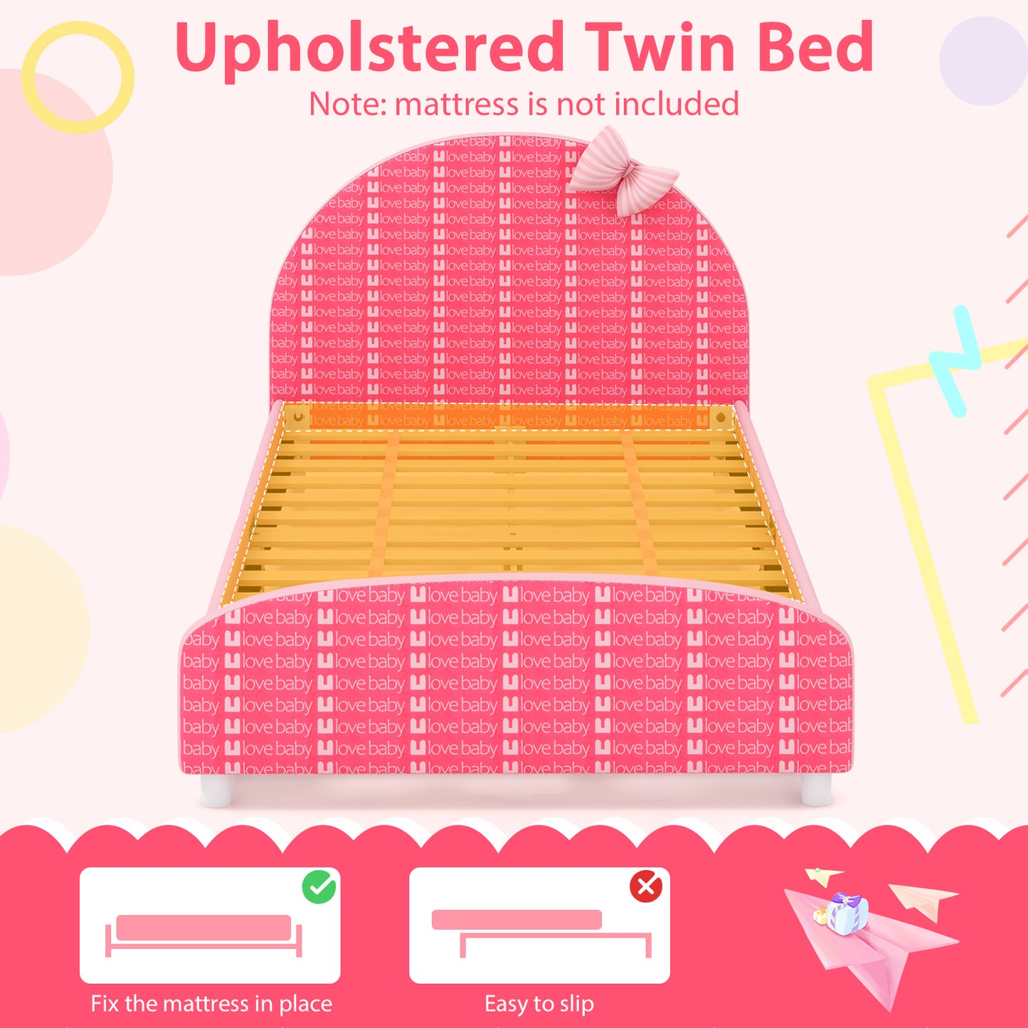 Wood Upholstered Twin Bed Platform with Slat Support-Pink Kids Crystal