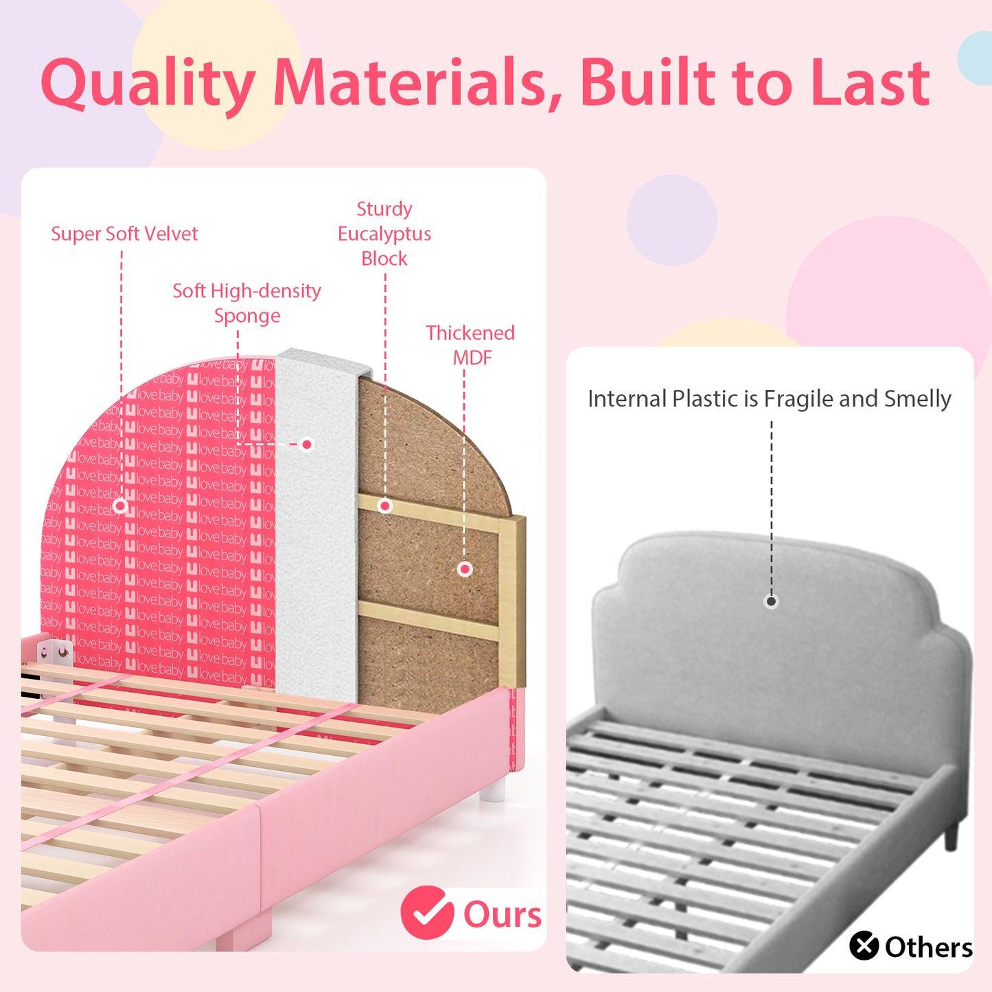 Wood Upholstered Twin Bed Platform with Slat Support-Pink Kids Crystal