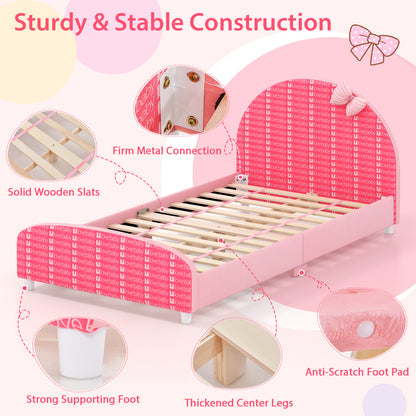 Wood Upholstered Twin Bed Platform with Slat Support-Pink