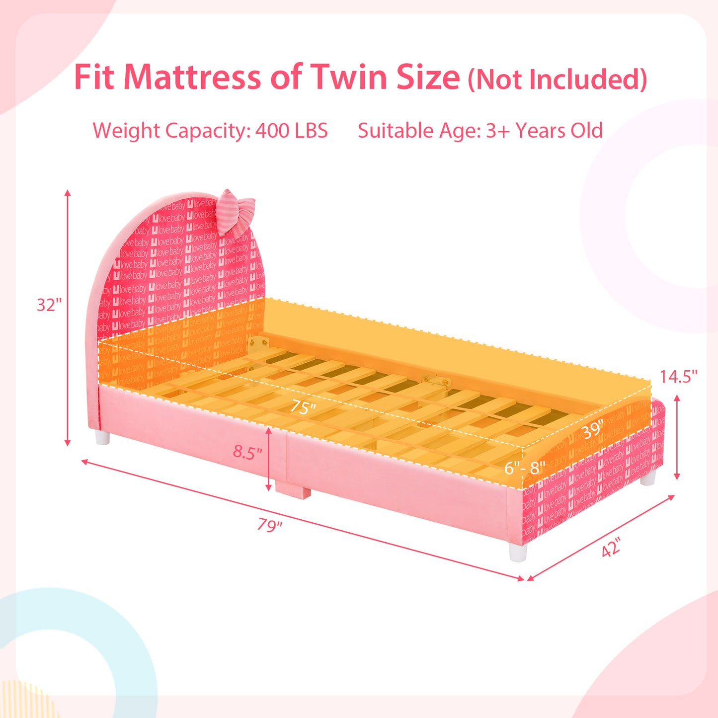Wood Upholstered Twin Bed Platform with Slat Support-Pink Kids Crystal