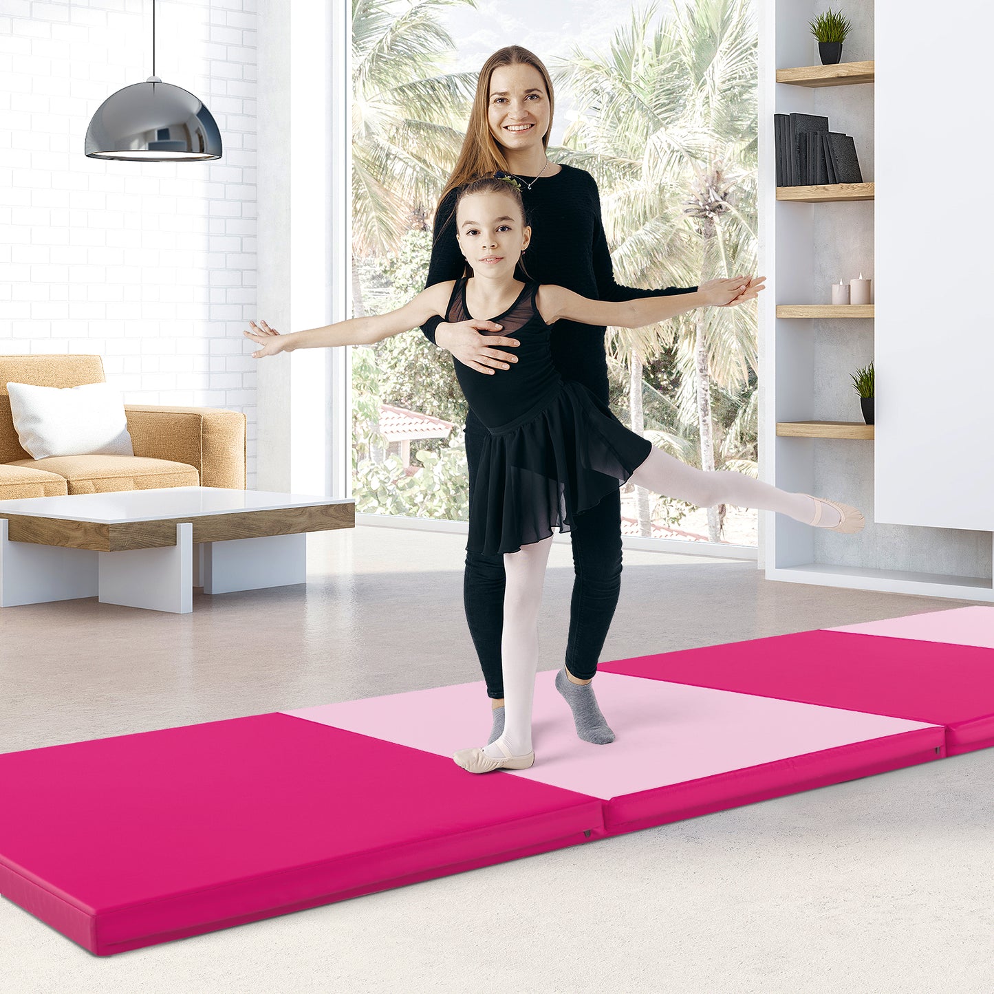 4-Panel PU Leather Folding Exercise Mat with Carrying Handles-Hot Pink Kids Crystal