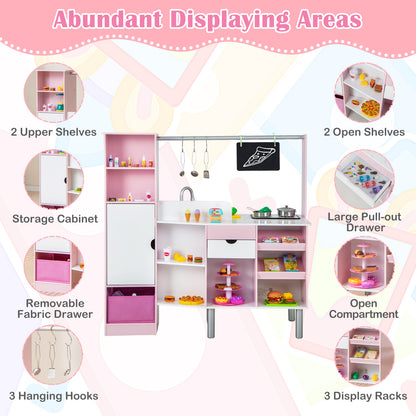 2-in-1 Double-sided Kids Kitchen and Market with Realistic Light and Sound-Pink