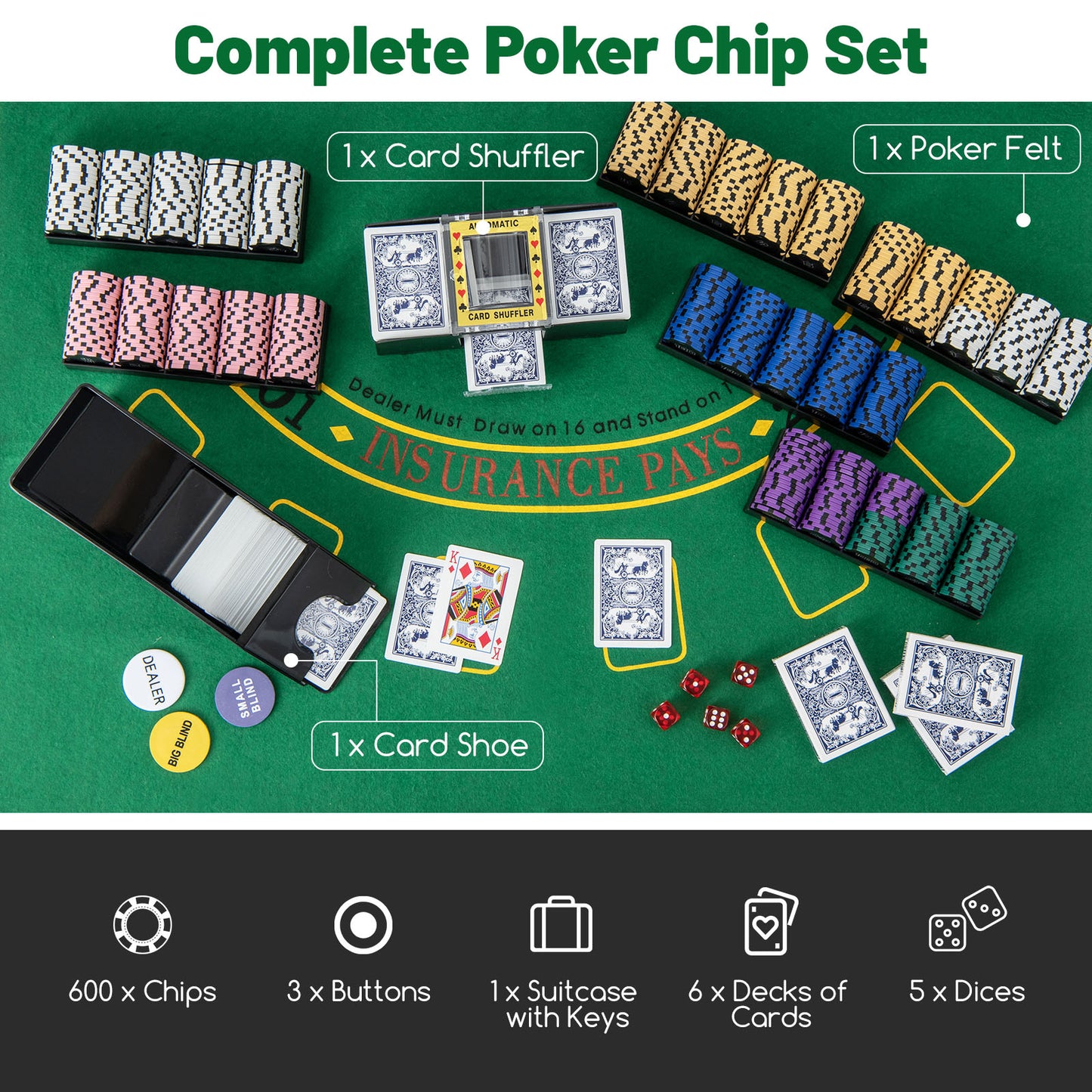 600-Piece Poker Chip Set 14 Gram Claytec Chips with Carrying Case-Black Kids Crystal