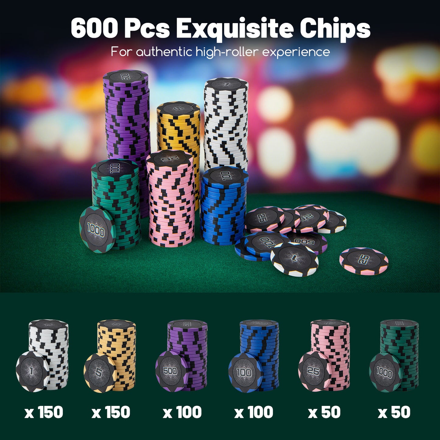 600-Piece Poker Chip Set 14 Gram Claytec Chips with Carrying Case-Black Kids Crystal