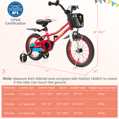 14 Inch Kids Bike with 2 Training Wheels for 3-5 Years Old-Red