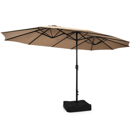 15 Feet Double-Sided Twin Patio Umbrella with Crank and Base Coffee in Outdoor Market-Coffee Kids Crystal