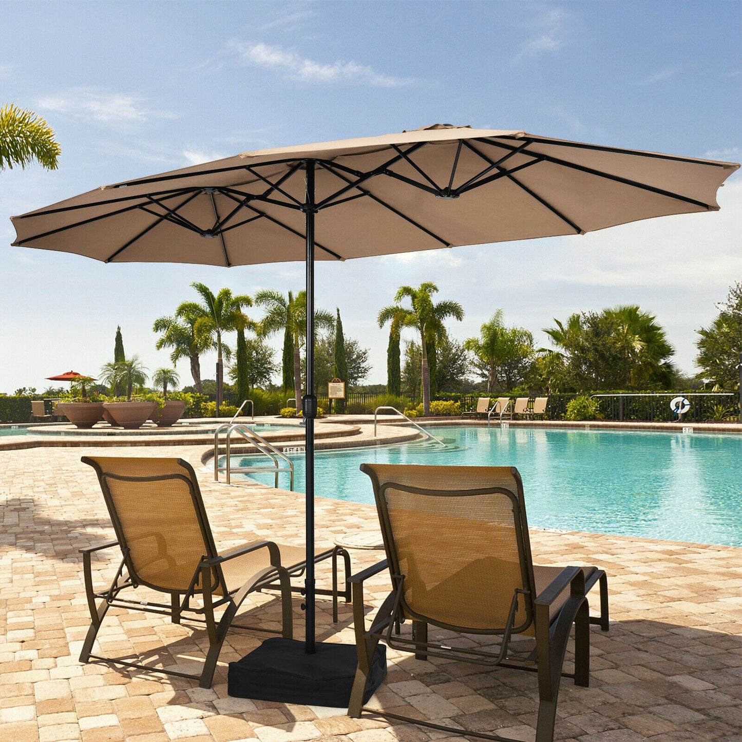 15 Feet Double-Sided Twin Patio Umbrella with Crank and Base Coffee in Outdoor Market-Coffee Kids Crystal