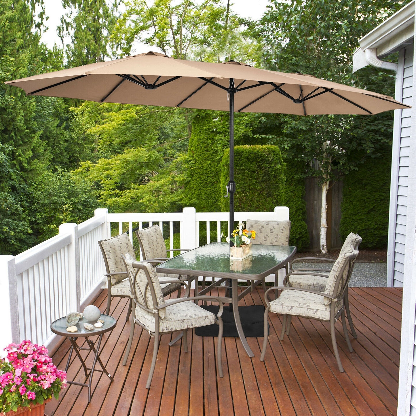 15 Feet Double-Sided Twin Patio Umbrella with Crank and Base Coffee in Outdoor Market-Coffee Kids Crystal