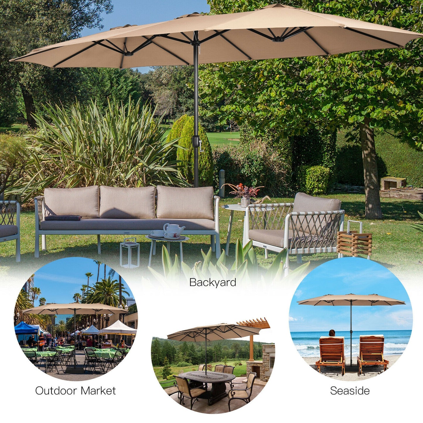 15 Feet Double-Sided Twin Patio Umbrella with Crank and Base Coffee in Outdoor Market-Coffee Kids Crystal