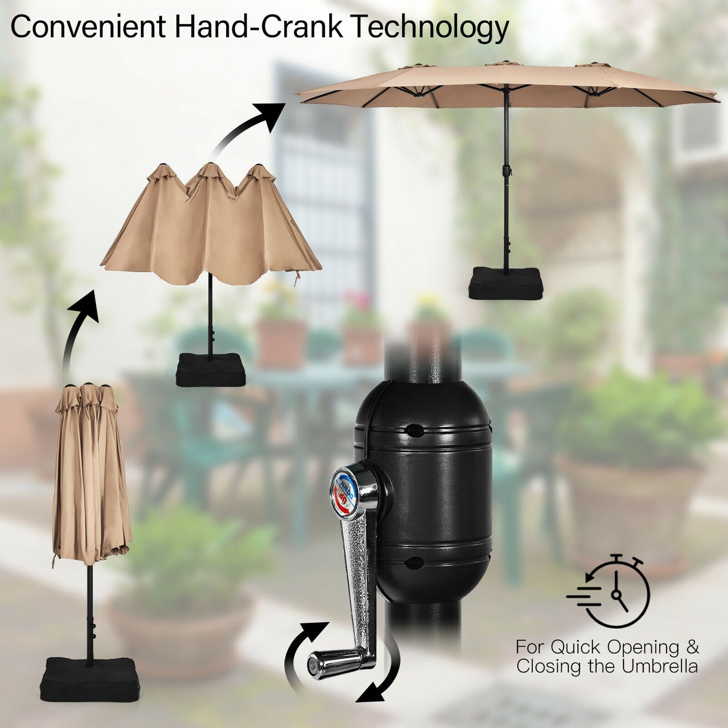 15 Feet Double-Sided Twin Patio Umbrella with Crank and Base Coffee in Outdoor Market-Coffee Kids Crystal