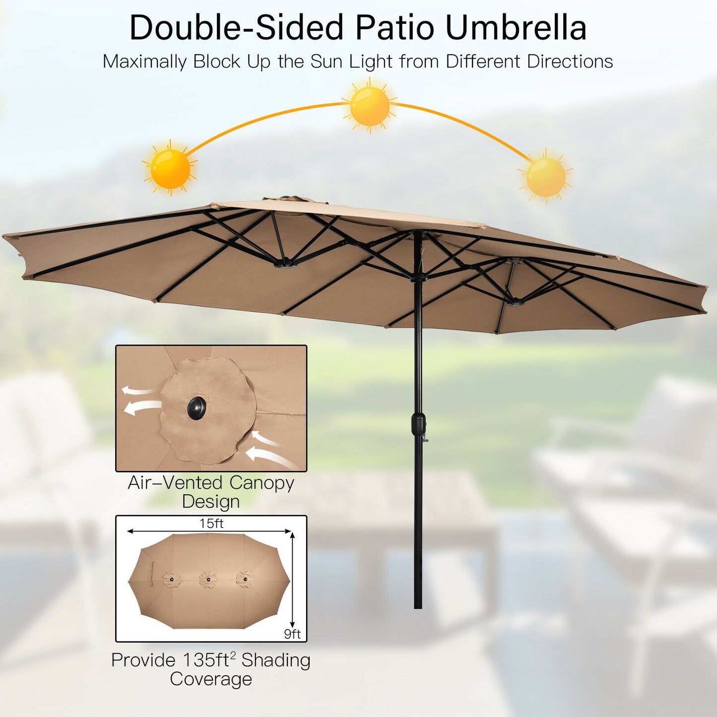 15 Feet Double-Sided Twin Patio Umbrella with Crank and Base Coffee in Outdoor Market-Coffee Kids Crystal