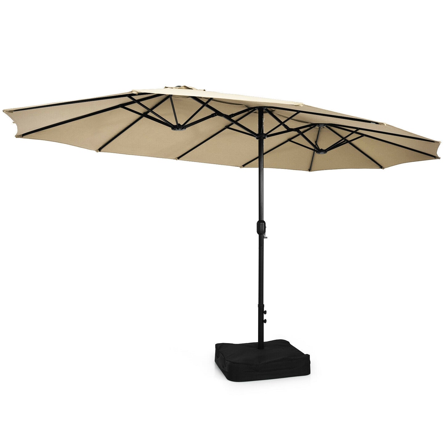 15 Feet Double-Sided Twin Patio Umbrella with Crank and Base Coffee in Outdoor Market-Beige Kids Crystal