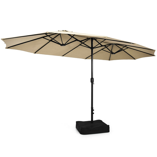 15 Feet Double-Sided Twin Patio Umbrella with Crank and Base Coffee in Outdoor Market-Beige Kids Crystal