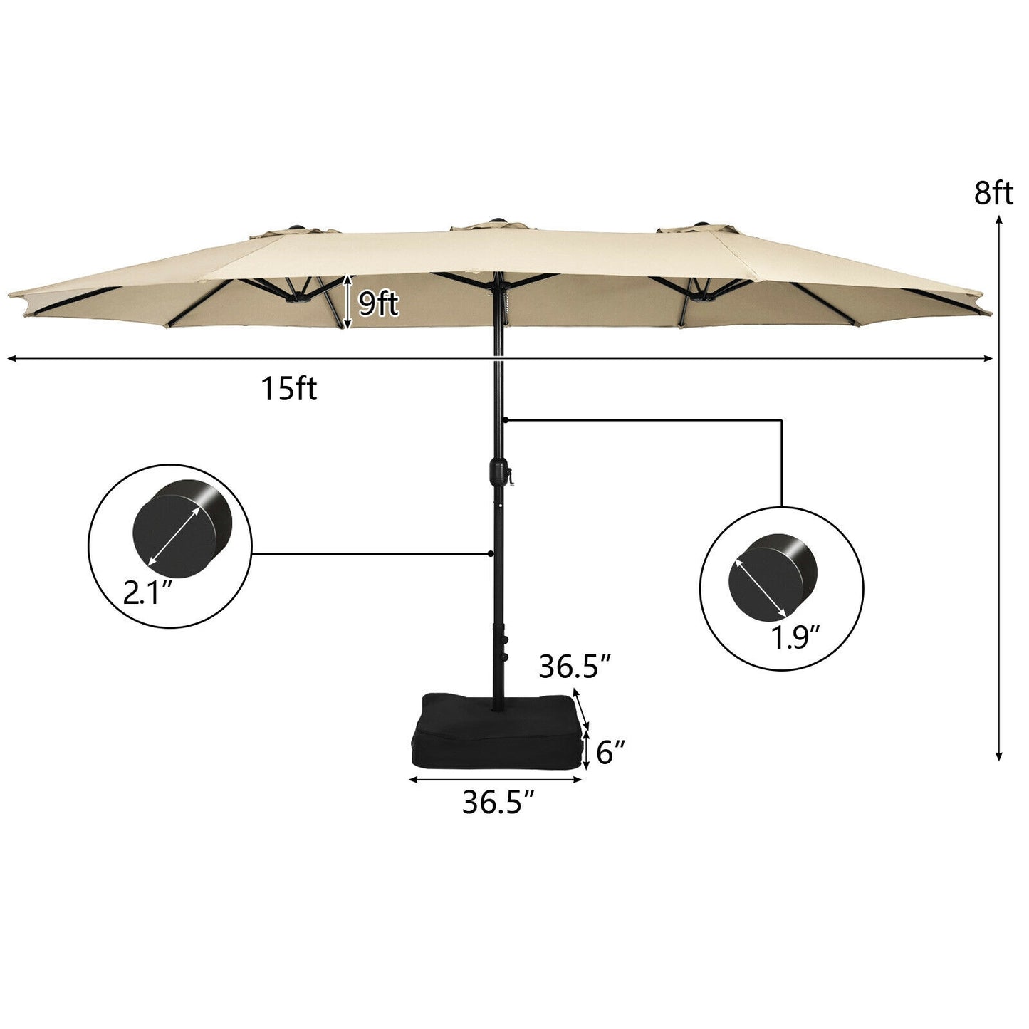 15 Feet Double-Sided Twin Patio Umbrella with Crank and Base Coffee in Outdoor Market-Beige Kids Crystal