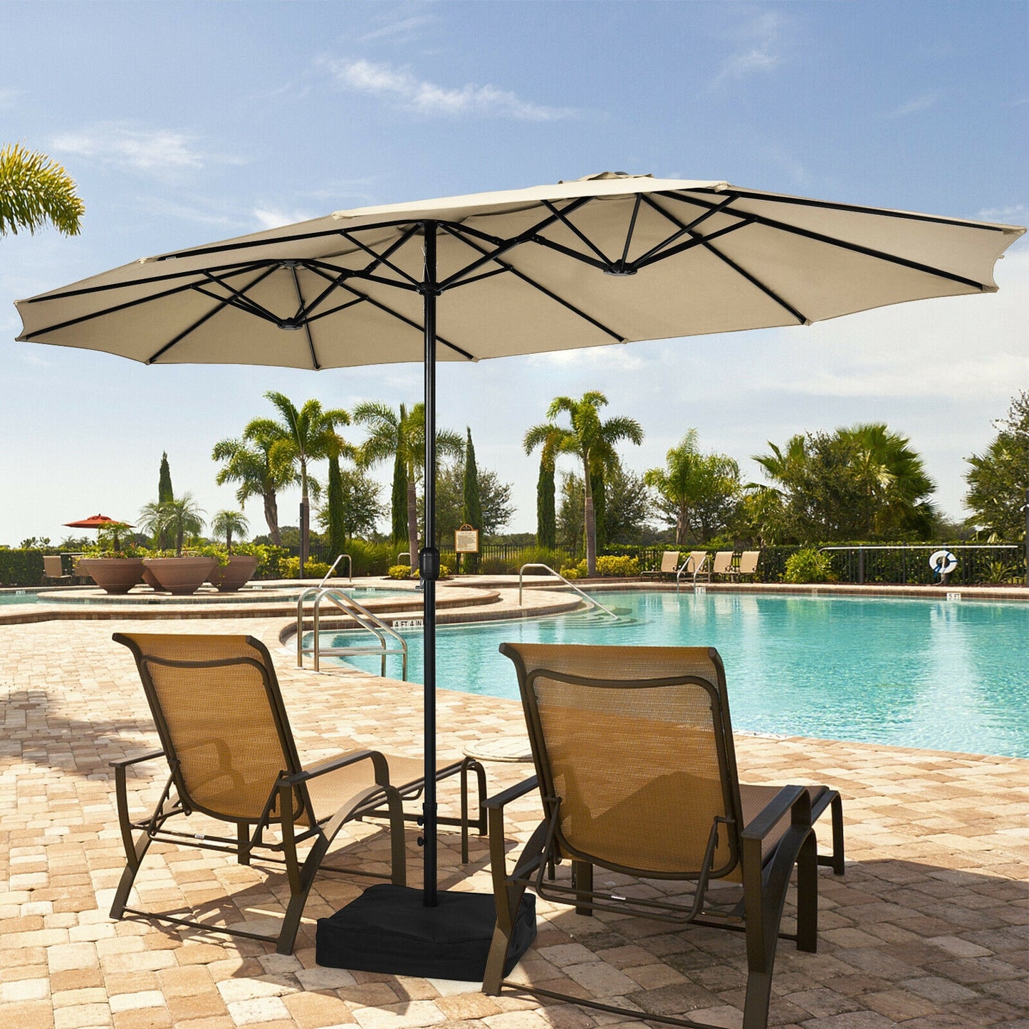 15 Feet Double-Sided Twin Patio Umbrella with Crank and Base Coffee in Outdoor Market-Beige Kids Crystal