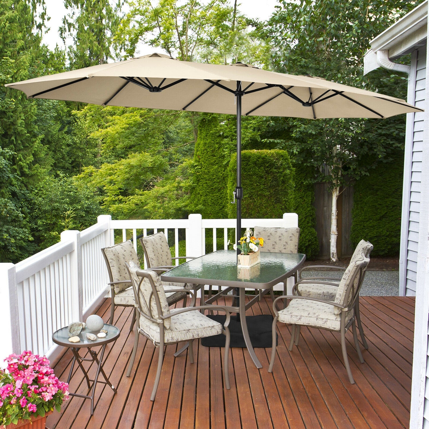 15 Feet Double-Sided Twin Patio Umbrella with Crank and Base Coffee in Outdoor Market-Beige Kids Crystal