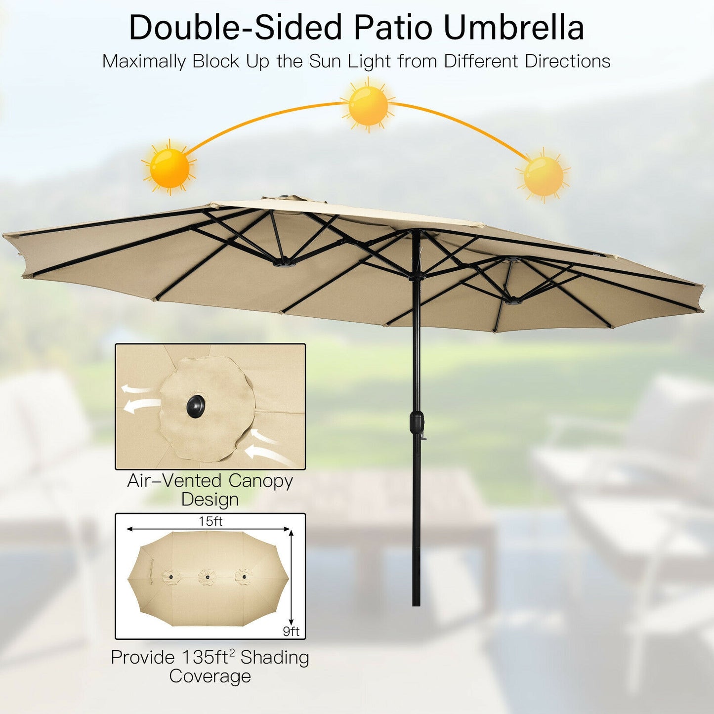 15 Feet Double-Sided Twin Patio Umbrella with Crank and Base Coffee in Outdoor Market-Beige Kids Crystal