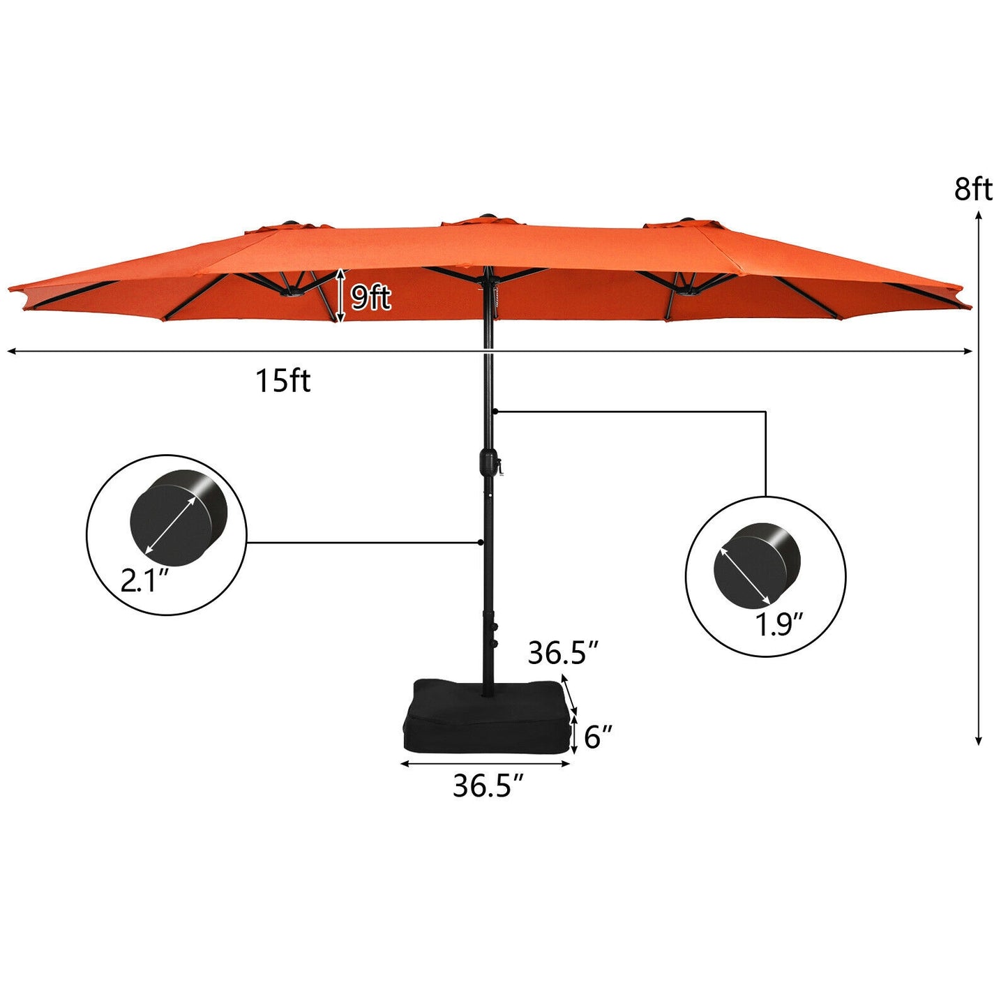 15 Feet Double-Sided Twin Patio Umbrella with Crank and Base Coffee in Outdoor Market-Orange Kids Crystal