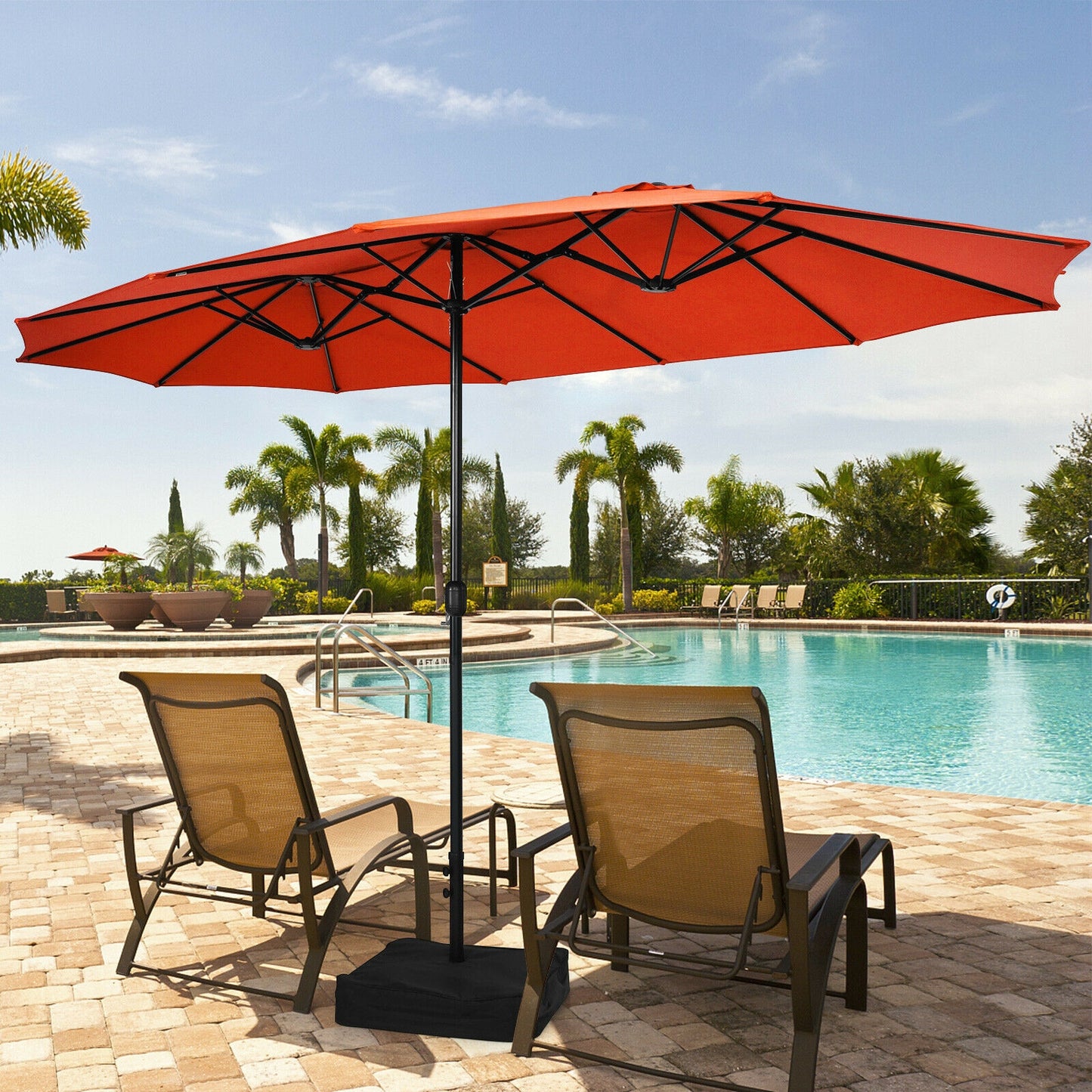 15 Feet Double-Sided Twin Patio Umbrella with Crank and Base Coffee in Outdoor Market-Orange Kids Crystal