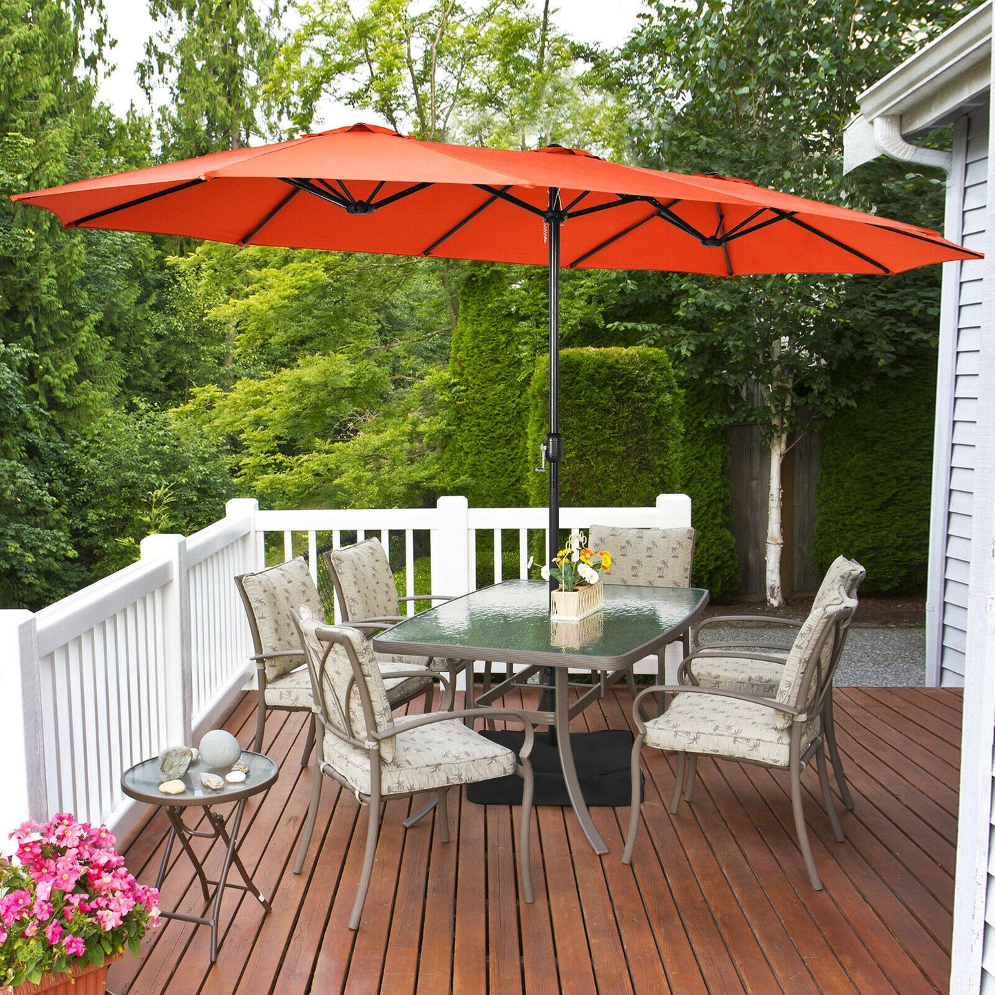 15 Feet Double-Sided Twin Patio Umbrella with Crank and Base Coffee in Outdoor Market-Orange Kids Crystal