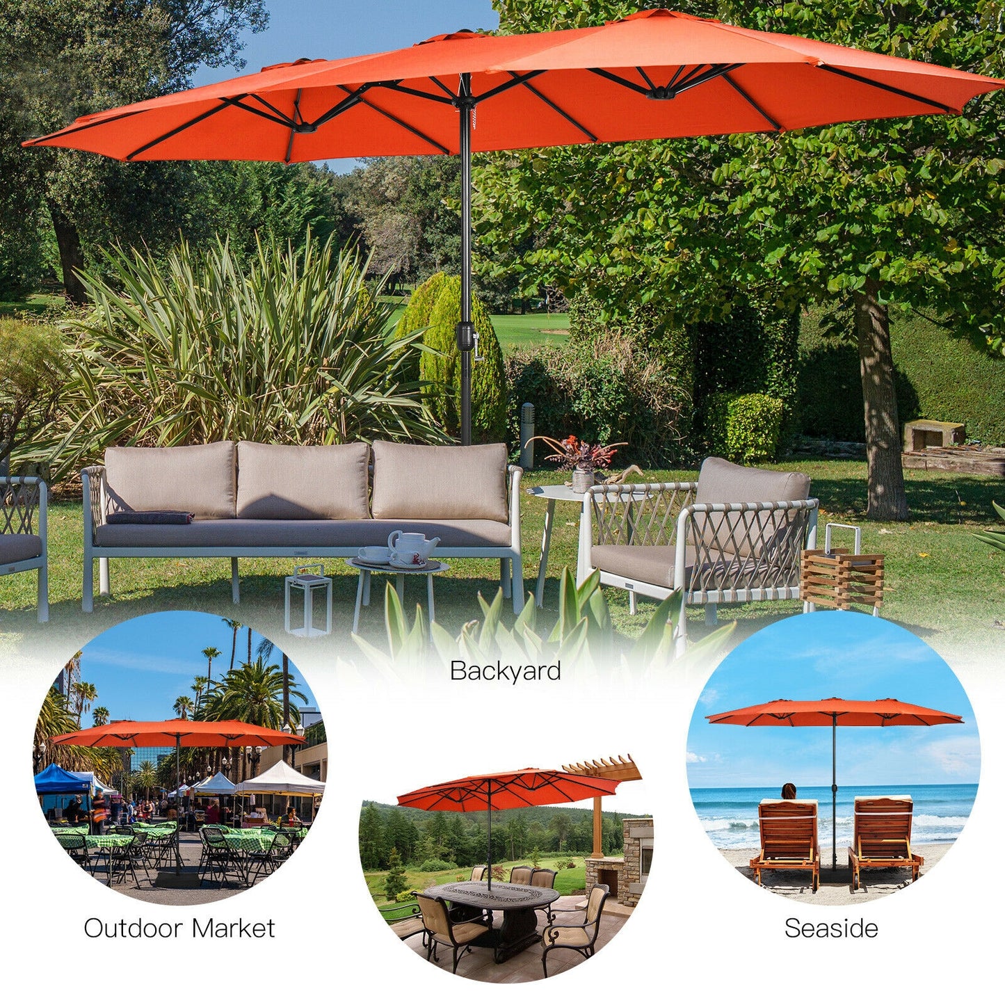 15 Feet Double-Sided Twin Patio Umbrella with Crank and Base Coffee in Outdoor Market-Orange Kids Crystal