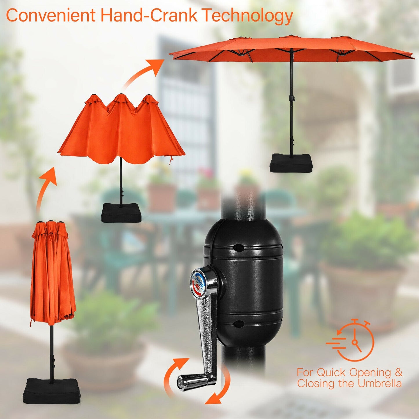 15 Feet Double-Sided Twin Patio Umbrella with Crank and Base Coffee in Outdoor Market-Orange Kids Crystal