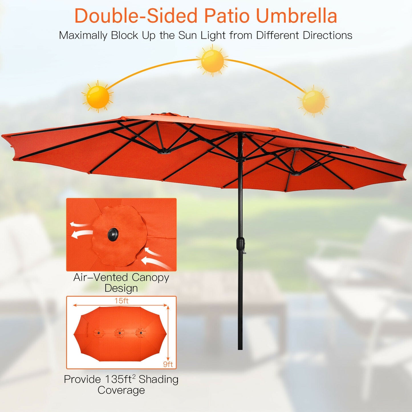 15 Feet Double-Sided Twin Patio Umbrella with Crank and Base Coffee in Outdoor Market-Orange Kids Crystal