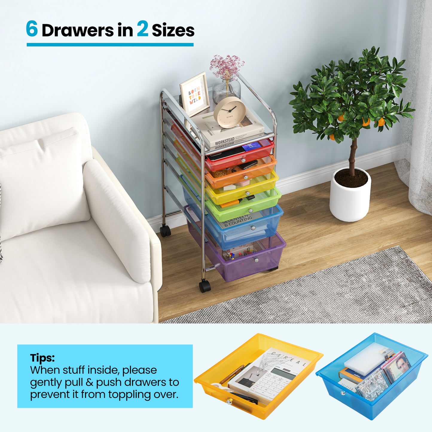 6 Drawers Rolling Storage Cart Organizer-Transparent Multicolor Kids Crystal