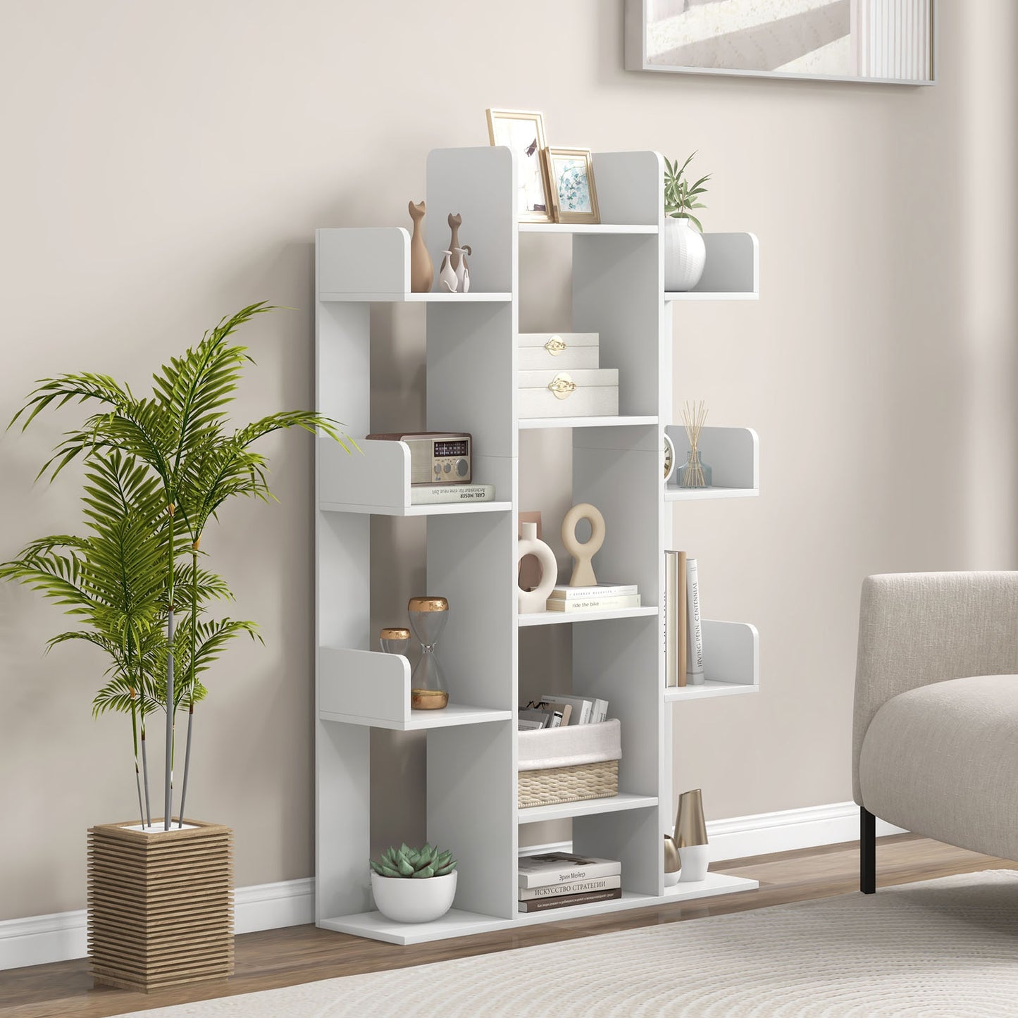Tree-Shaped Bookshelf with 13 Compartments-White Kids Crystal