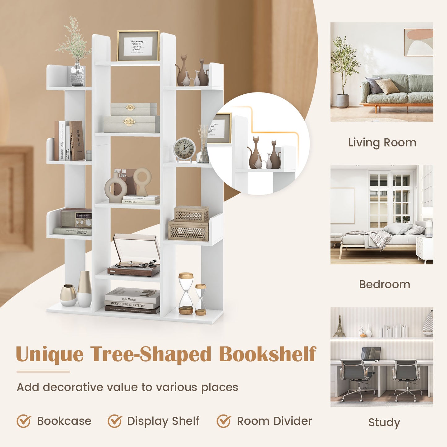 Tree-Shaped Bookshelf with 13 Compartments-White Kids Crystal