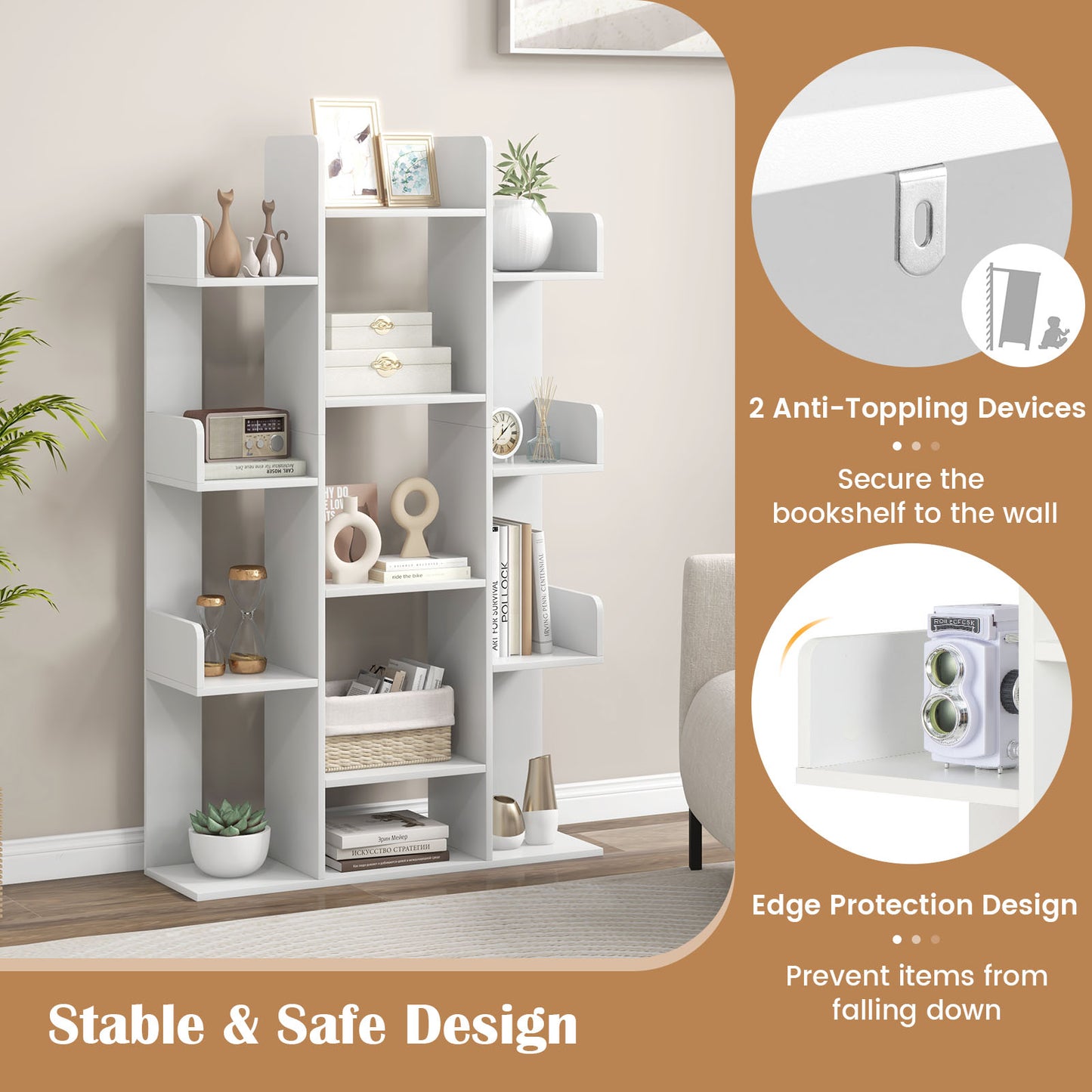 Tree-Shaped Bookshelf with 13 Compartments-White Kids Crystal