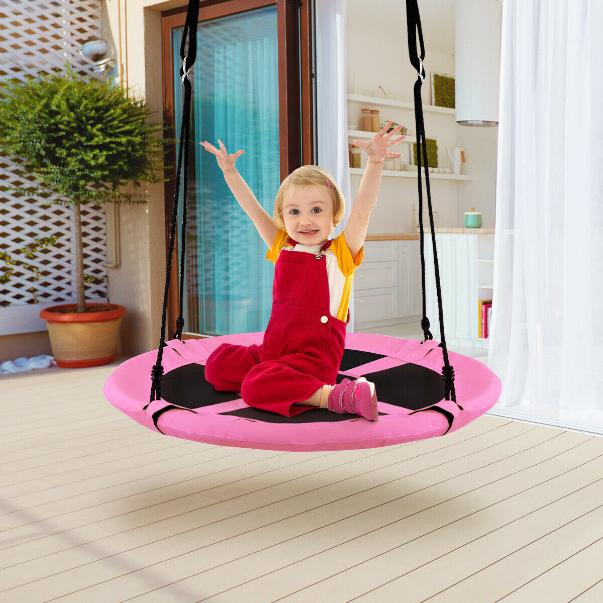 40 Inch Flying Saucer Tree Swing Indoor Outdoor Play Set-Pink Kids Crystal
