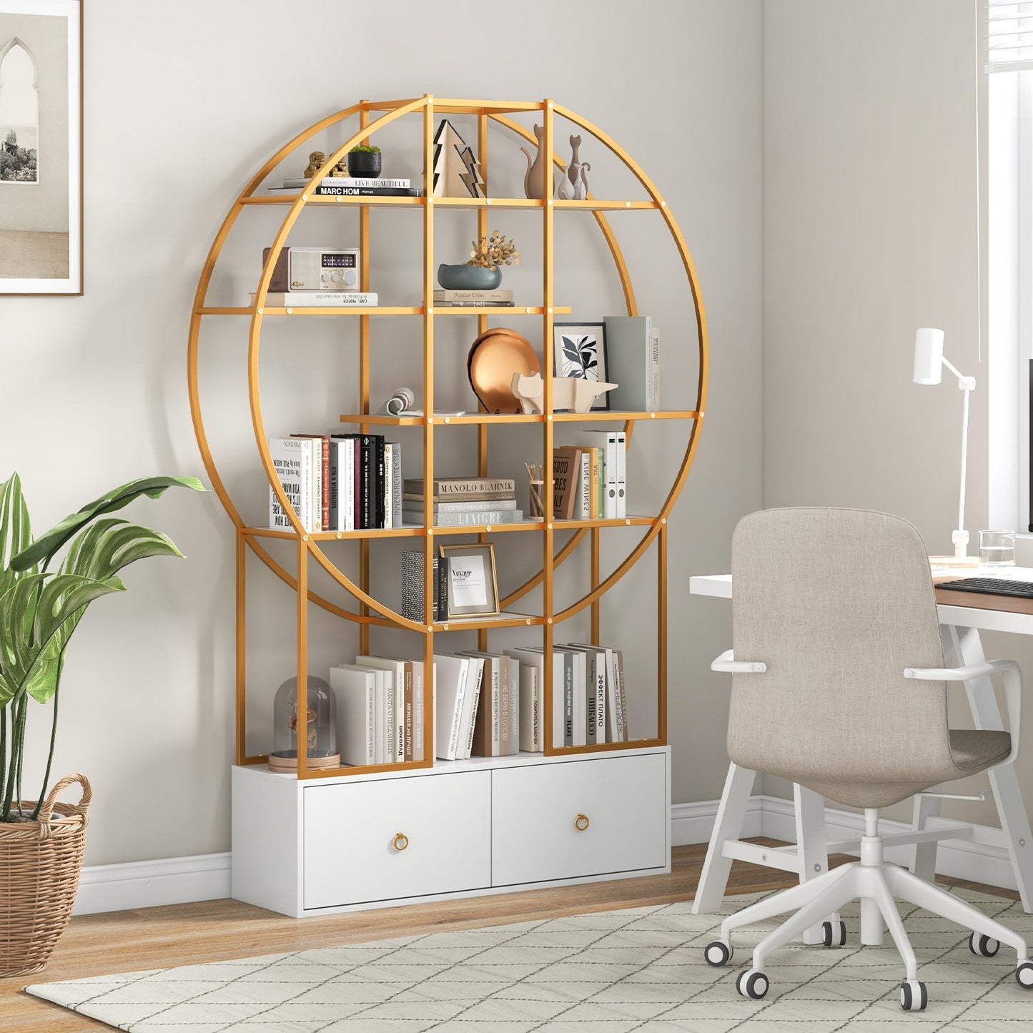 71 Inches 6-Tier Gold Bookshelf with 2 Storage Drawers-Golden Kids Crystal