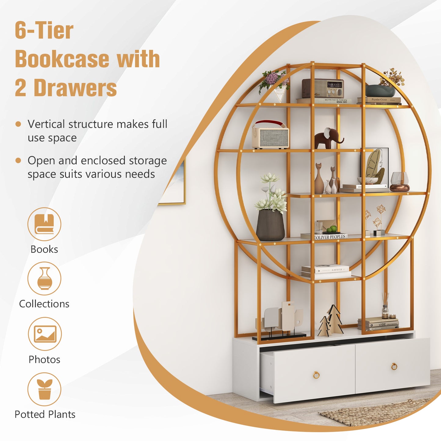 71 Inches 6-Tier Gold Bookshelf with 2 Storage Drawers-Golden Kids Crystal