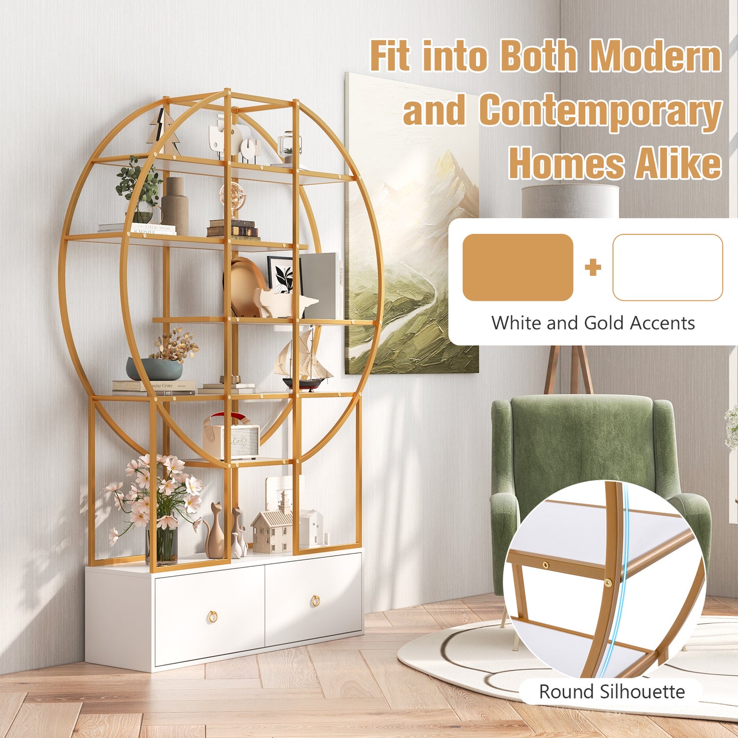 71 Inches 6-Tier Gold Bookshelf with 2 Storage Drawers-Golden Kids Crystal