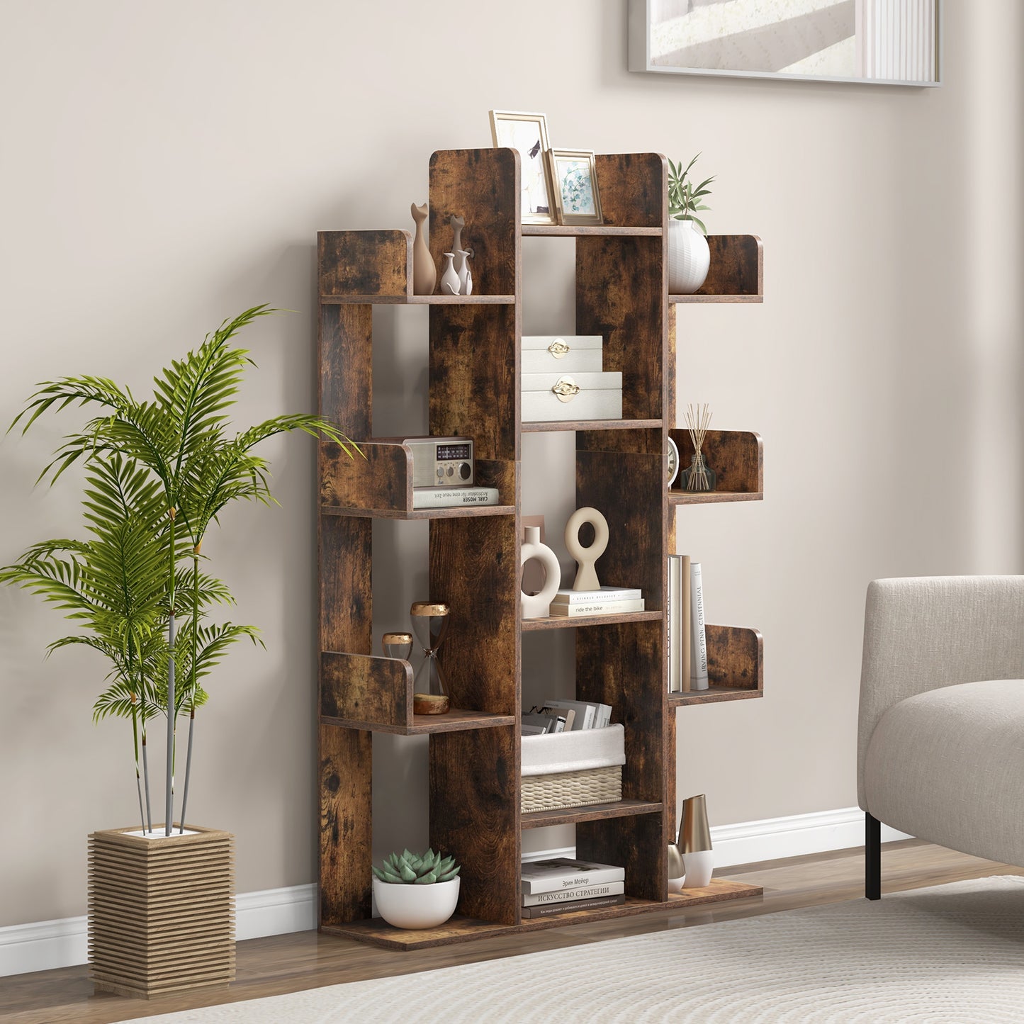 Tree-Shaped Bookshelf with 13 Compartments for Home Office-Rustic Brown Kids Crystal