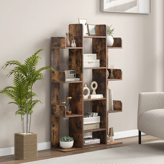 Tree-Shaped Bookshelf with 13 Compartments for Home Office-Rustic Brown Kids Crystal