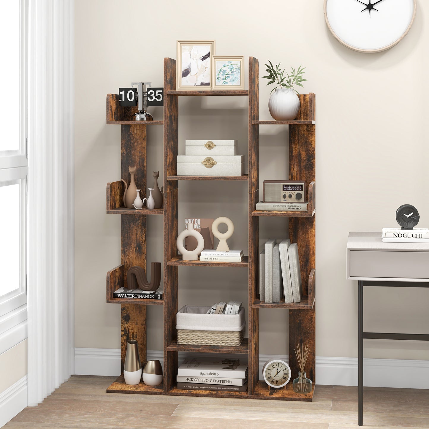 Tree-Shaped Bookshelf with 13 Compartments for Home Office-Rustic Brown Kids Crystal